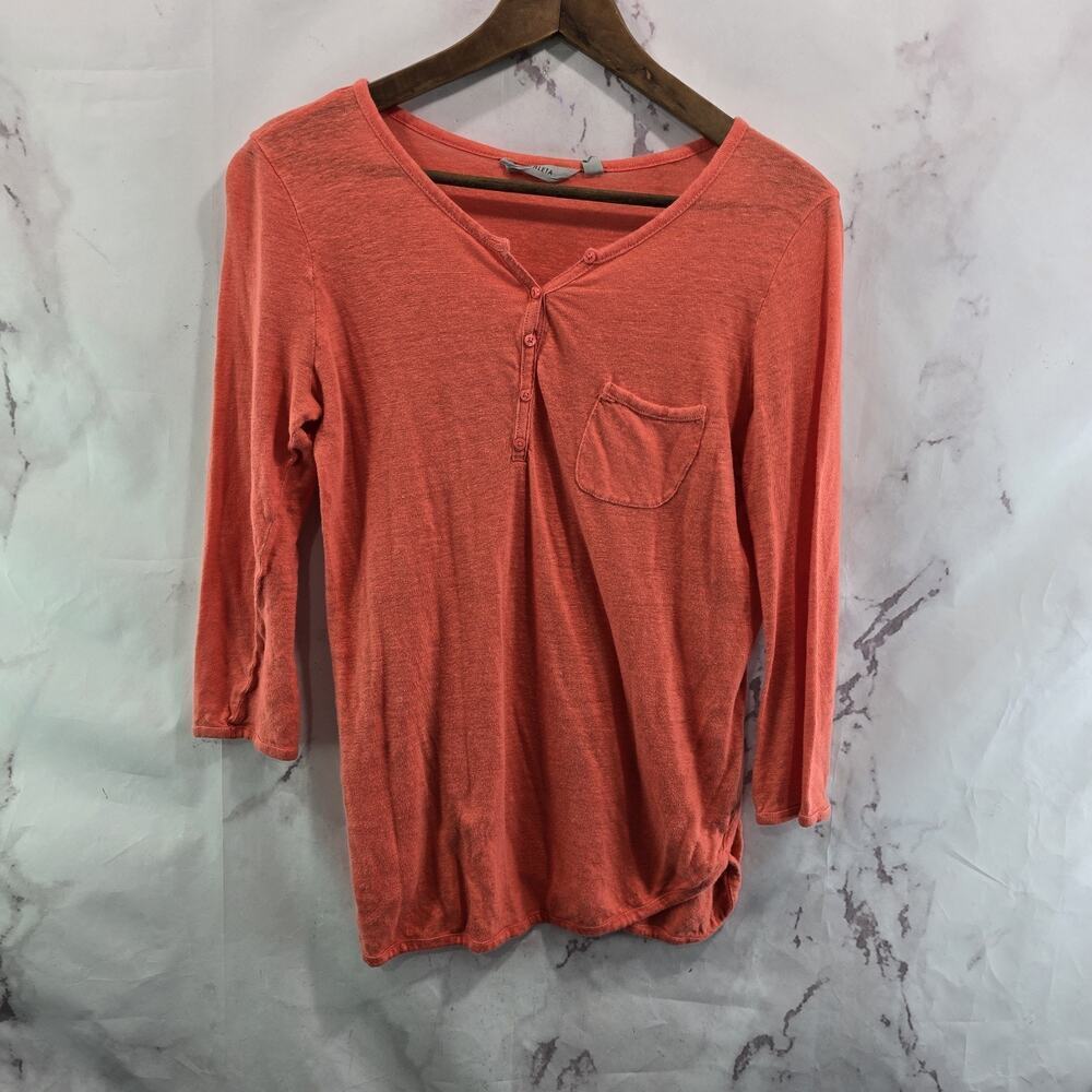 Athleta Shirt Womens Small Orange Linen Coral V Neck Shirt Pocket Long Sleeve